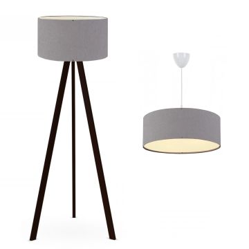 Set di 2 Lampade 'Scunthorpe' Composto di 1 Piantana - Lampada da Terra e 1 Lampadario - Lampada a Sospensione con Paralumi di Forma Cilindrica in Tessuto - Grigio - lux.pro 