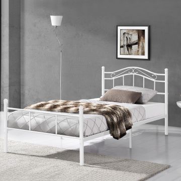 Letto Singolo Florenz in Acciaio con Testiera Alta Decorativa 90 x 200 cm Bianco [en.casa]