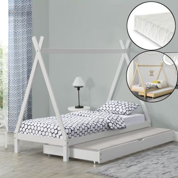 Letto per Bambino a Forma di Tenda Indiana con 1 Materasso 90 x 200 cm con Secondo Letto Estraibile 90 x 190 cm Letto Tipi in Legno con 2 Posti