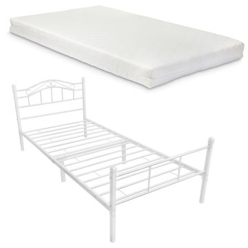 Letto Singolo Florenz in Acciaio con Testiera Decorativa e Materasso 90 x 200 cm Bianco [en.casa]