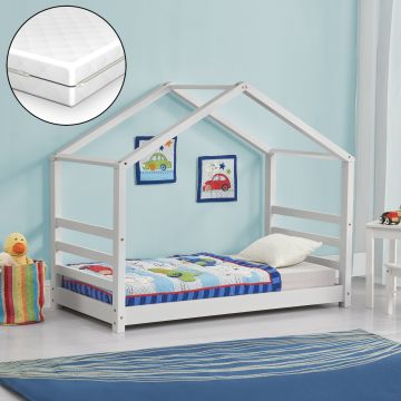 [en.casa] Lettino per Bambino con Materasso a Schiuma Fredda 80 x 160 cm Letto in Legno a Forma di Casetta con Materasso Anallergico Oeko-Tex Standard 100 - Color Bianco