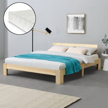 Letto in Legno di Pino con Materasso a Schiuma Fredda 90/100/120/140/160/180 x 200 cm Letto Singolo/Francese/Matrimoniale con Testiera in Stile Moderno - Vari Colori