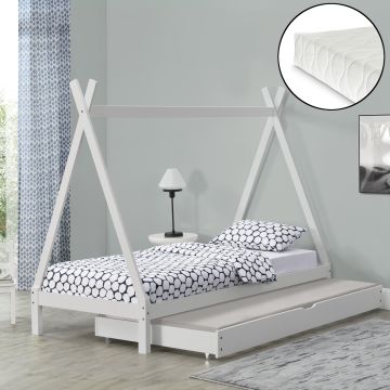 Letto per Bambino a Forma di Tenda Indiana con 1 Materasso 90 x 200 cm con Secondo Letto Estraibile 90 x 190 cm Letto Tipi in Legno con 2 Posti - Bianco