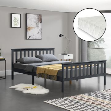 Letto Matrimoniale in Legno di Pino con Materasso Ipoallergenico 160 x 200 cm Letto con Testiera e Pediera Alte - Grigio Scuro