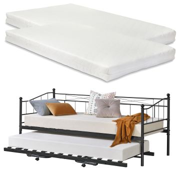 Divano in Metallo con Cornice Decorativa + Letto di Complemento con Gambe Pieghevoli e 4 Ruote, Sofa a 2-3 Posti di Seduta e Secondo Letto Salvaspazio + 2 Materassi 200x90 cm - Vari Colori