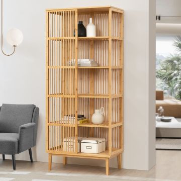 Scaffale da Terra con 5 Scomparti Semiaperti a Doghe Libreria Moderna 185 x 80 x 45 cm in Bambù color Naturale Mobile Espositore [en.casa] 