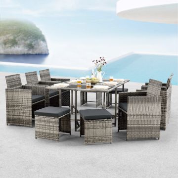 Set Salottino per Uso Esterno Mobili da Giardino/Terrazza Arredo in Polyrattan con Cuscini Set Salvaspazio Composto di Tavolo, Poltrone e Pouf - Grigio a Righe