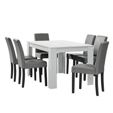 Set Pranzo con Tavolo 140x90 cm e 6 Sedie in Similpelle - Bianco / Grigio chiaro [en.casa] 