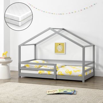 Letto per Bambino a Forma di Casetta con Barriere di Sicurezza e Materasso Ortopedico 80 x 160 cm Lettino in Legno di Pino con Sponde - Grgio Chiaro