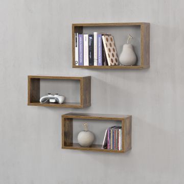 Set di 3 Mensole da Parete a Forma Rettangolare in Misure Diverse 3 Scaffali da Muro con 2 Ripiani Portaoggetti - Libreria - Effetto Legno Scuro