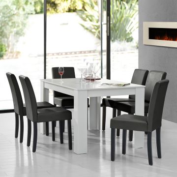 Set Pranzo con Tavolo 140x90 cm e 6 Sedie in Similpelle - Bianco / Grigio scuro [en.casa] 