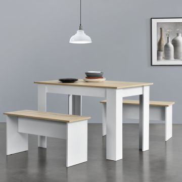 Set per Sala da Pranzo Composto di Tavolo e 2 Panche Mobili in Design Minimal Set da Pranzo Fino a 4 Posti - Bianco / Rovere