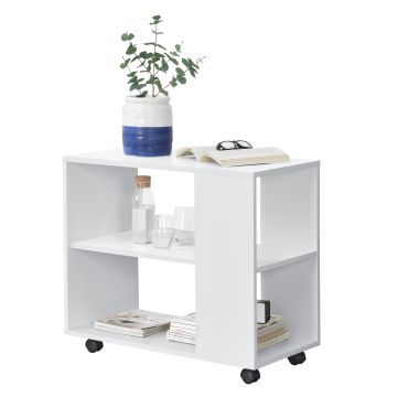 Tavolino Basso da Divano con Ripiani e Ruote 60 x 70 x 35 cm Consolle su 4 Rotelle Tavolo Portatile da Salotto/Soggiorno - Bianco