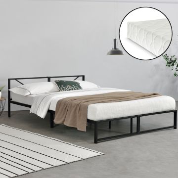 Letto in Metallo con Materasso a Schiuma Fredda 90/140/180x200 cm Letto Matrimoniale/Francese/Singolo con Testiera Decorativa Letto in Stile Classico/Moderno - Nero