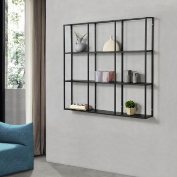 Scaffale da Parete (LxPxA) 100x18x110 cm Libreria Pensile con Ripiani su 3 Livelli, Struttura in Ferro, Mensola da Muro con 9 Scomparti di Forma Rettangolare - Nero