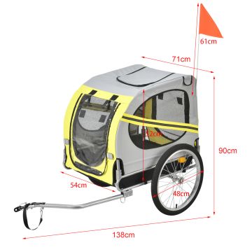 Rimorchio per Bicicletta per Trasporto Cani 138 x 71 x 90 cm Carrello per Trasporto Animali Domestici Carico Max.26 kg - Giallo-Griggio-Nero