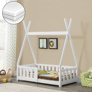 [en.casa] Letto per Bambino con Materasso a Schiuma Fredda 70 x 140 cm Lettino Bianco Opaco a Forma di Tenda Indiana con Sbarre Tipi in Legno di Pino con Sponde e Materasso Ortopedico