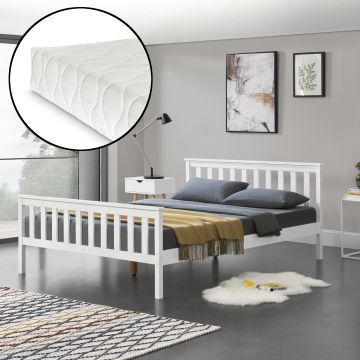 [en.casa] Letto in Legno di Pino con Pediera e Testiera Alta con Materasso a Schiuma Fredda 140 x 200 cm - Color Bianco