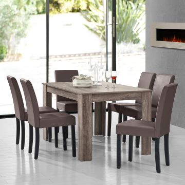 Set Pranzo con Tavolo 140x90 cm e 6 Sedie in Similpelle - Effetto Rovere Antico / Marrone  [en.casa] 